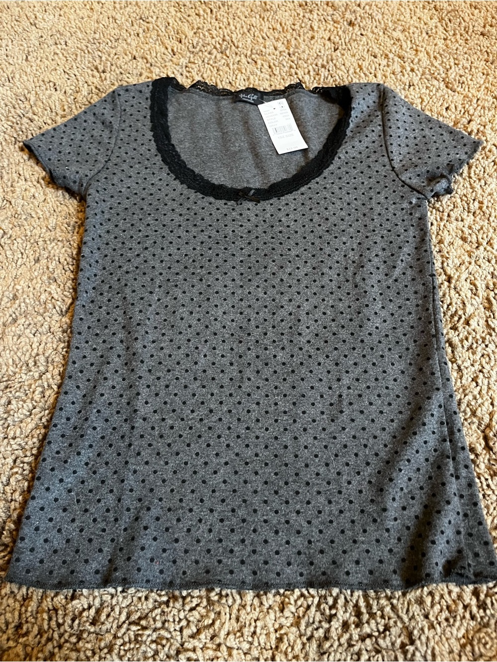 Brandy Melville Charcoal Gray Polka Dot Scoop Neck Tee with Black Lace